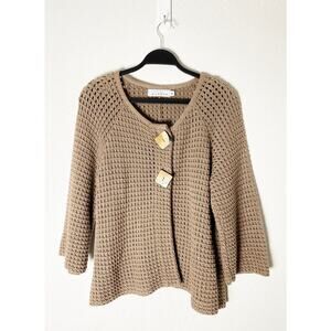 Willow Women's 100% Cotton Tan Knit Flowy Open Knit Sweater 3/4 Sleeves 2 Button